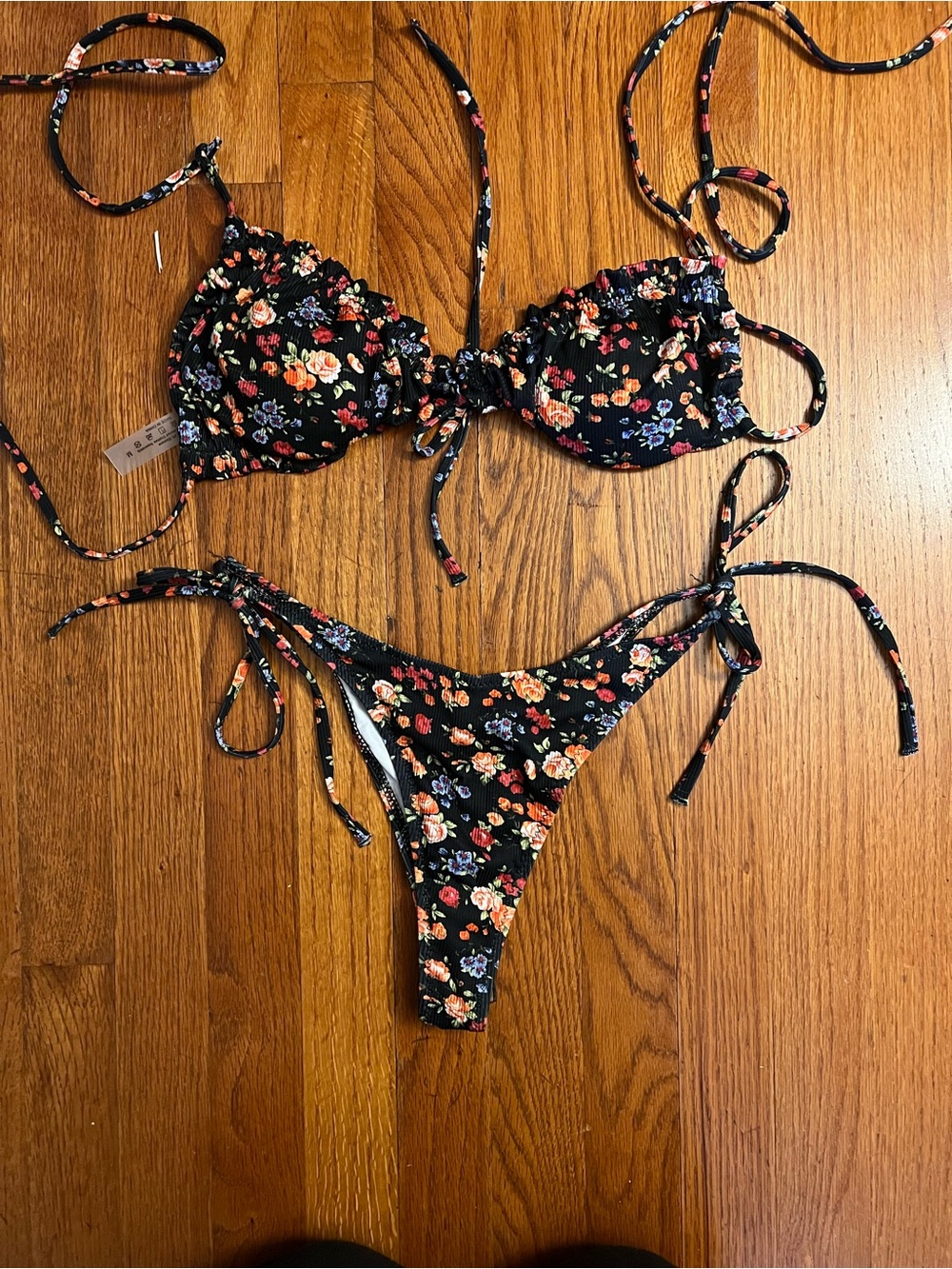 SHEIN Black Floral Tie-Side Bikini